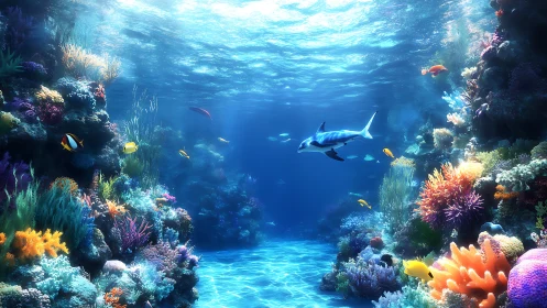 Sunlit coral canyon where a playful dolphin paints the blue.