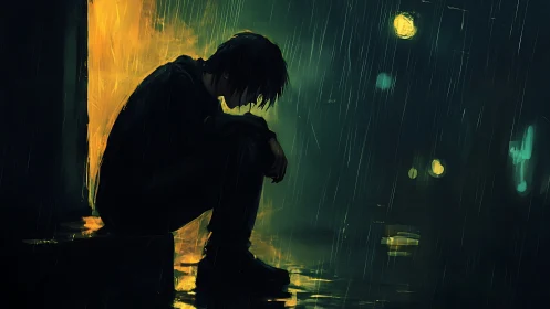 Digital painting of solitary figure in rain-soaked urban alley.