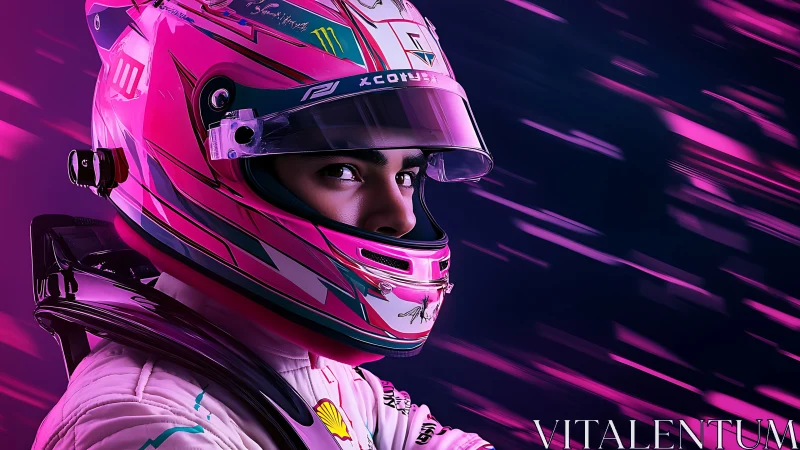Focused racer in neon pink helmet ready to chase victory.