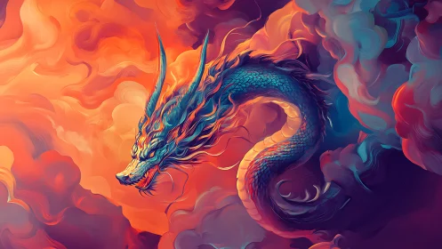 Serpentine elemental dragon coils through turbulent neon-tinted clouds