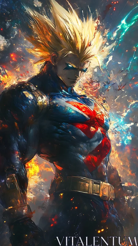 Blazing hero stands tall in a storm of color and power.