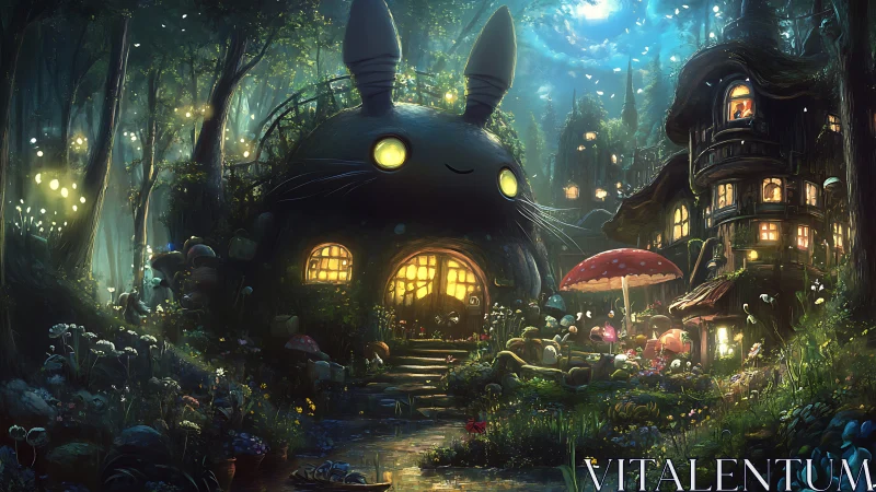 Bioluminescent forest village encircles whimsical creature dwelling