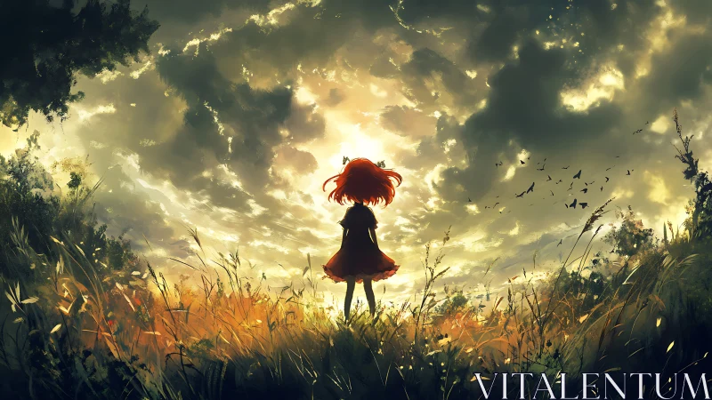 Silhouetted figure in field under dense illuminated clouds.