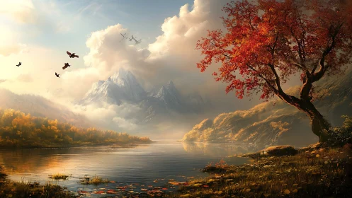 Autumn lake beneath towering misty mountains at sunrise.