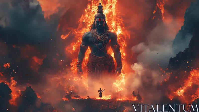 Majestic fiery deity rising tall from swirling molten skies.