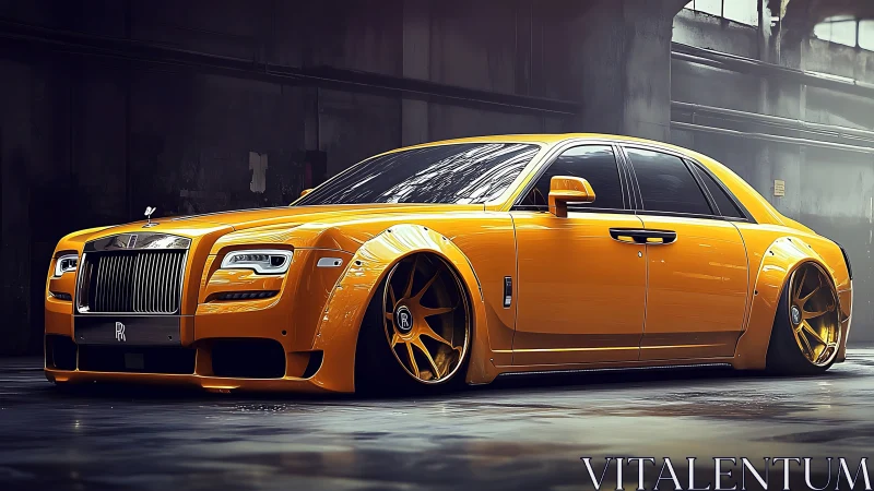 Low-slung orange luxury sedan glows in an urban garage.
