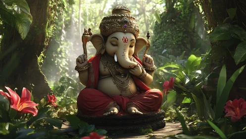 Ganesha idol in lush rainforest glade with cinematic lighting.