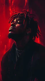 Portrait bathed in neon red glow captures moody introspection.