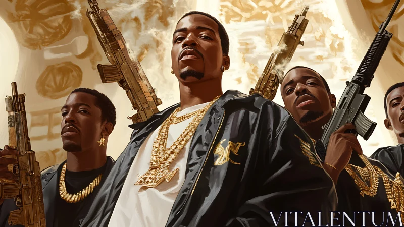 Confident crew standing bold in shining gold chains.