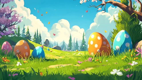 Polka-dotted Easter eggs in a vibrant spring meadow landscape.