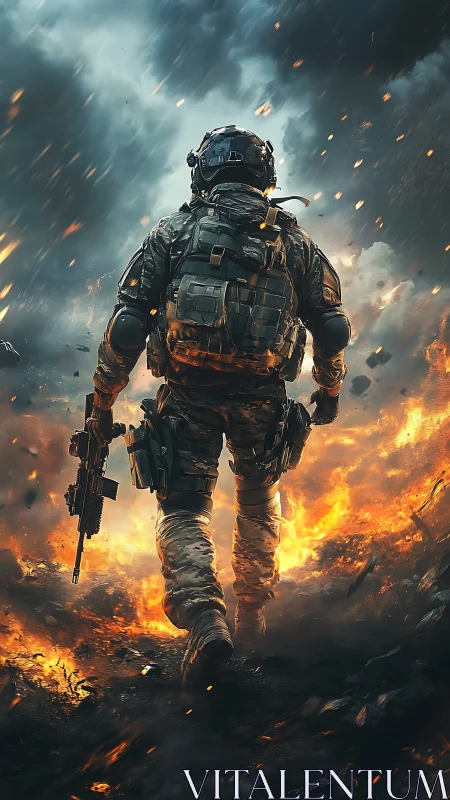 Armored soldier advancing through burning battlefield.