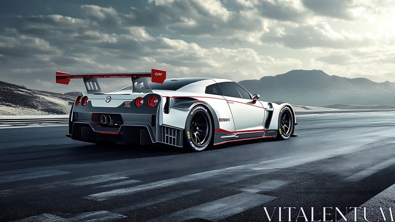 Sleek track-ready sports car pausing on a misty open road.