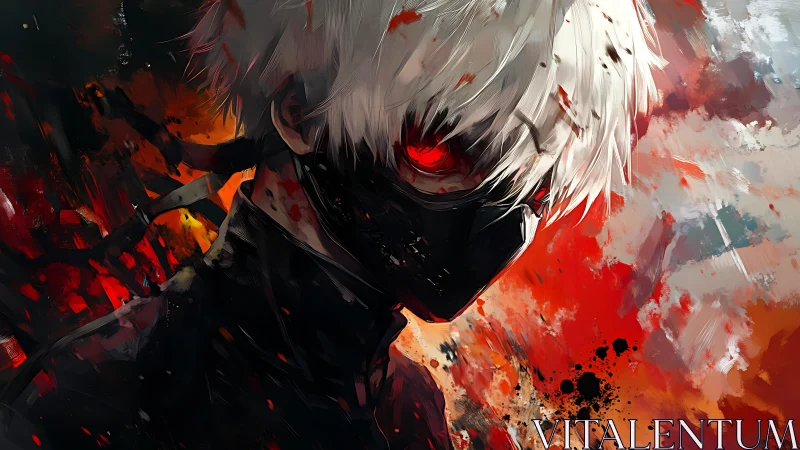 Masked white-haired antihero within splattered crimson chaos.