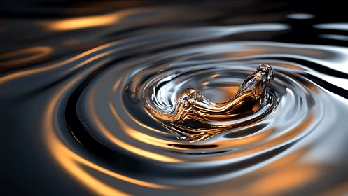 Metallic liquid droplet forms ripples on reflective surface.