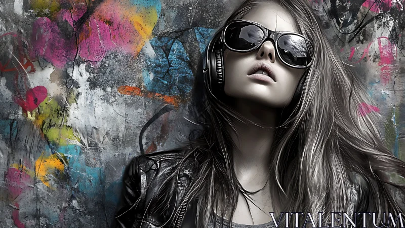 Woman with headphones before colorful graffiti wall. Period.