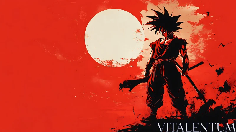 Anime silhouette warrior against graphic sun disc backdrop.
