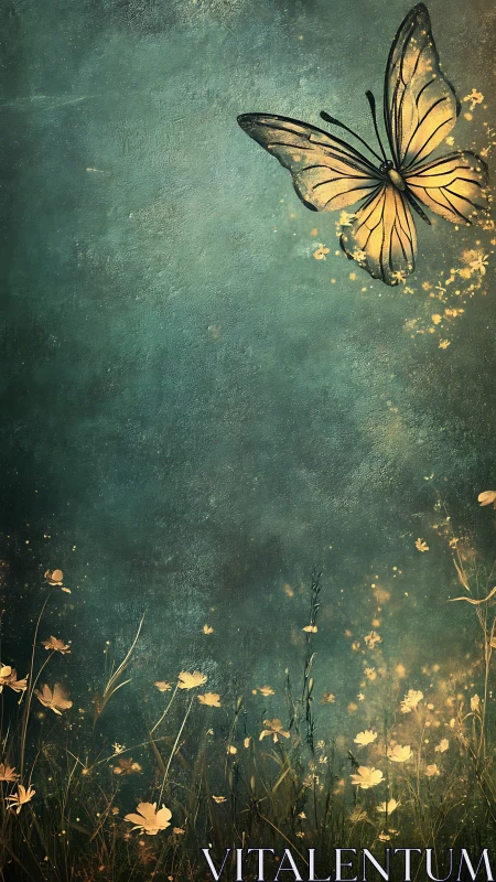 Luminous butterfly over meadow in textured teal atmosphere.