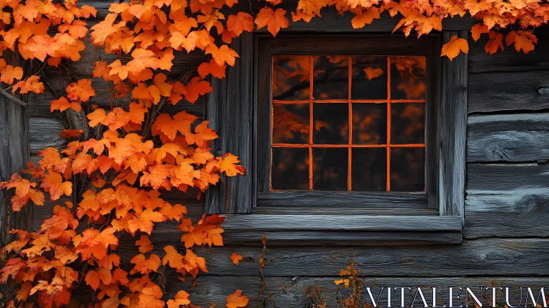 Glowing autumn leaves warmly frame a rustic wooden window