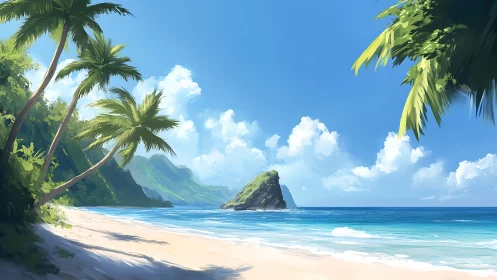 Tropical Coastal Paradise with Palm Trees and Rock Formation.