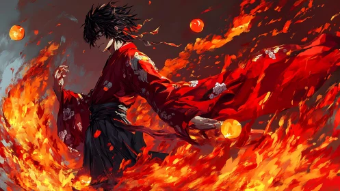 Fire-wielding warrior in red kimono stands amid swirling flames