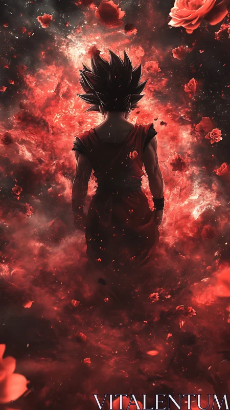 Backlit spiky-haired warrior in red nebular rose explosion