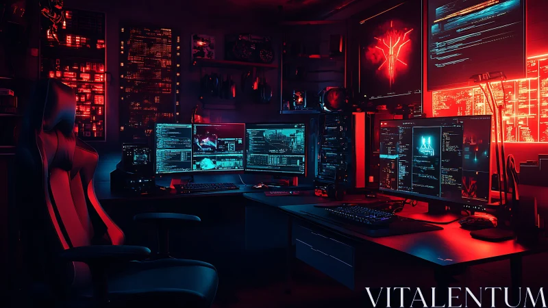 Cyberpunk dual-desk command center with multi-monitor array.