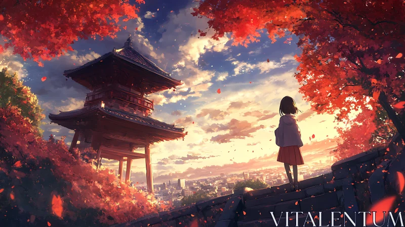 Autumn shrine overlook with girl silhouetted at sunset.