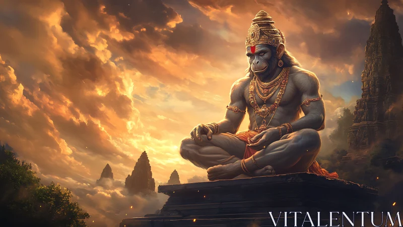 Divine simian deity in meditative temple skyline glow.