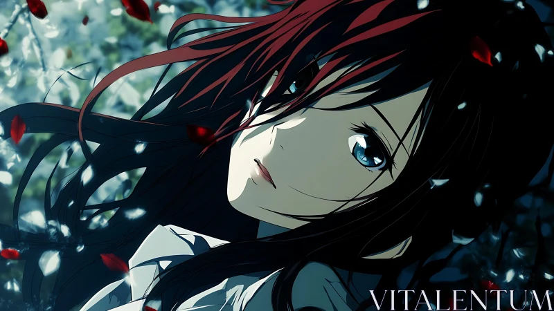 Crimson strands drift while quiet blue eyes hold the dusk