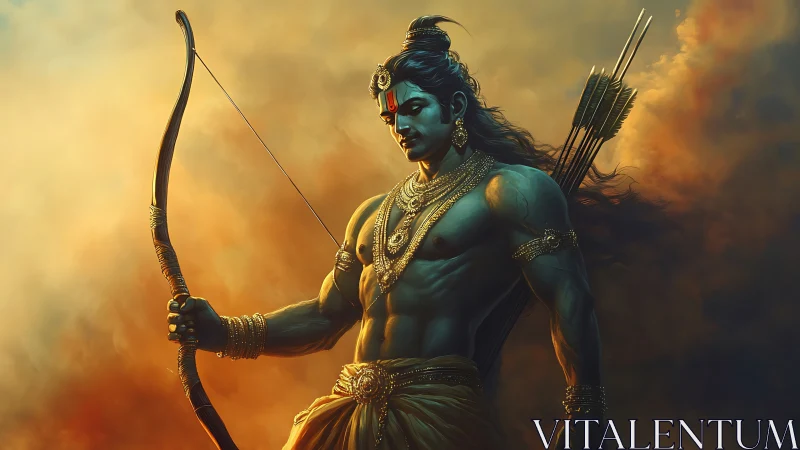 Stormlit archer-god studies his bow in molten dusk air