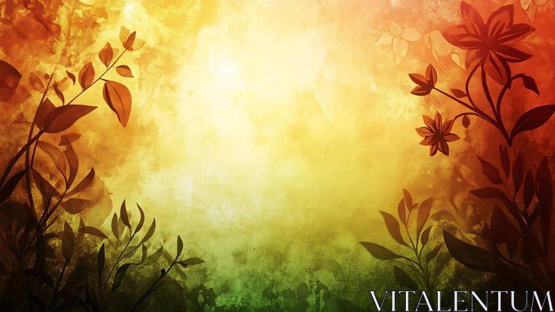 Floral silhouettes frame warm gradient botanical background