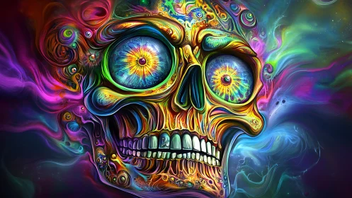 Vivid psychedelic skull with glowing cosmic eyes in color.