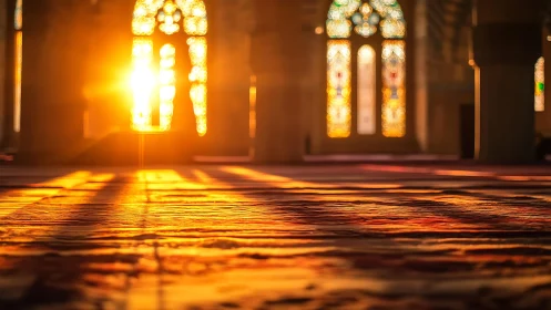 Photorealistic interior lightscape with stained glass glow.