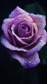 Purple Rose with Dewdrops: Macro Floral Study with Luminous Wet Petals