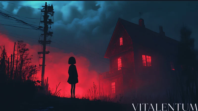 Silhouetted child observes red-lit house in nocturnal fog