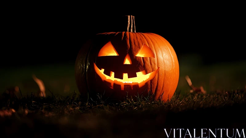 Jack-o-lantern glows on lawn with dramatic low-key lighting.