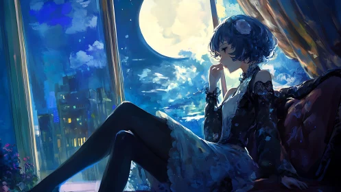 Moonlit window muse in midnight lace and electric blues.