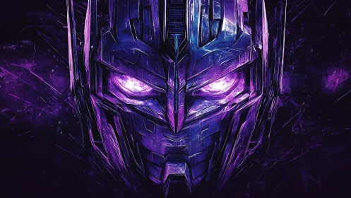 Mechanical face with purple illumination occupies central frame