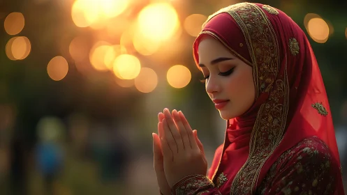 Woman in Ornate Red Hijab Praying at Sunset, Bokeh Style.