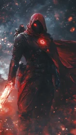 Hooded armored figure holds glowing sword in ember field