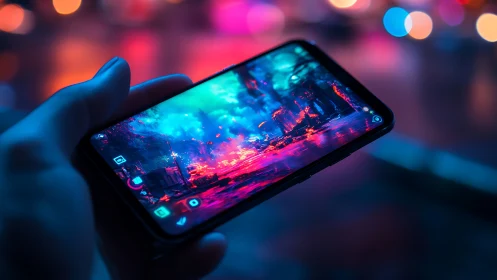Hand holding smartphone with vivid neon gaming screen.
