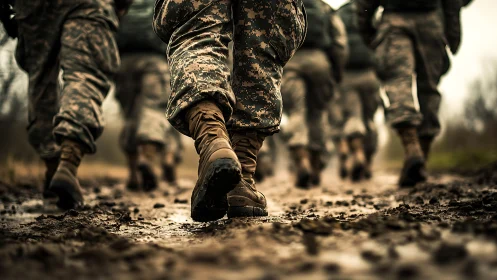 Mud‑scarred march of soldiers in lockstep resolve and grit.