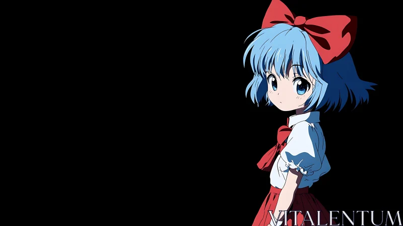 Blue‑haired anime girl with oversized red bow on black field.
