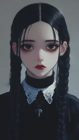 Gothic braided girl portrait with monochrome lace collar.