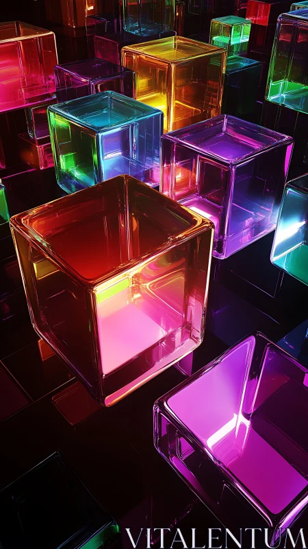 Luminous glass cubes in iridescent chromatic gridscape.