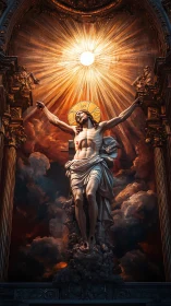 Crucified Christ sculpture rises under radiant celestial light