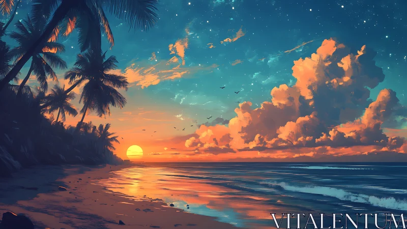 Dreamy tropical sunset shore wrapped in glowing colors.
