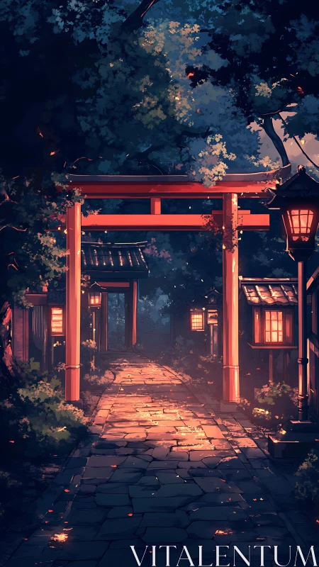 Twilight shrine pathway with lantern-lit torii composition.