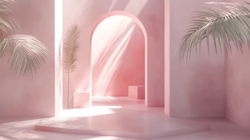 Pastel pink archway courtyard with soft palm shadows.