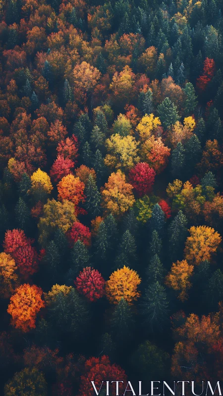 Aerial Autumn Forest Canopy in Vibrant Seasonal Transition.